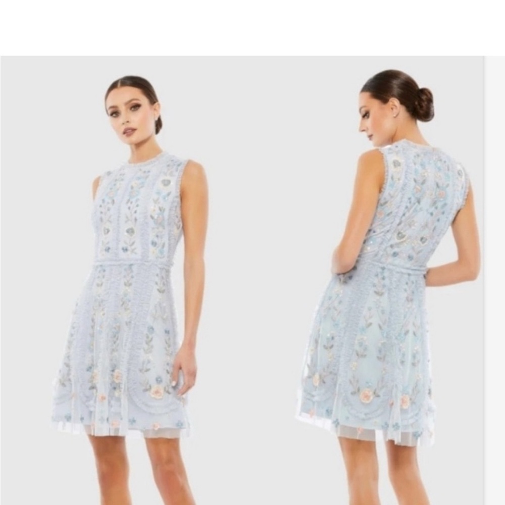 Mac Duggal Blue Sleeveless High Neck Embroidered Mini Dress Sz 6